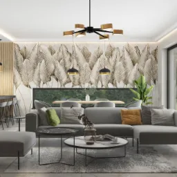 Nowoczesny salon z szarą sofą narożną, stolikami kawowymi z marmurowymi blatami, złotym żyrandolem i tapetą w liście bananowca, widok na jadalnię i zieleń za oknem.