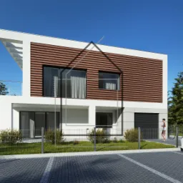 Wizualizacja nowoczesnego, dwukondygnacyjnego domu z płaskim dachem, białymi ścianami i elewacją z poziomych, brązowych paneli, otoczonego zielenią i ogrodzeniem, z osobami i samochodem na podjeździe.