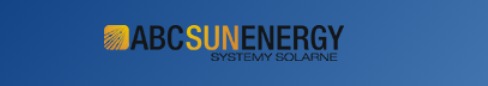 Logo firmy ABC Sun Energy, specjalizującej się w systemach solarnych, na niebieskim tle.