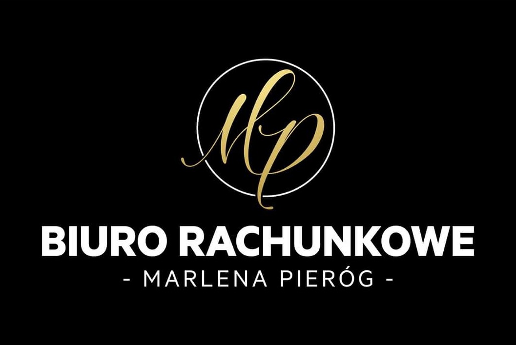 Eleganckie logo firmy z branży finansowej: złoty monogram w okręgu nad białym napisem 'BIURO RACHUNKOWE - MARLENA PIERÓG -' na czarnym tle.