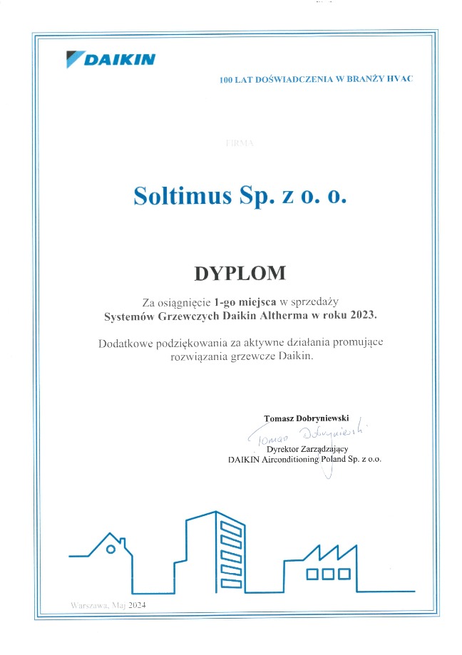 Skan dyplomu dla firmy Soltimus Sp. z o.o. za zajęcie 1-go miejsca w sprzedaży systemów grzewczych Daikin Altherma w roku 2023, z logo Daikin i podpisem Dyrektora Zarządzającego Daikin...