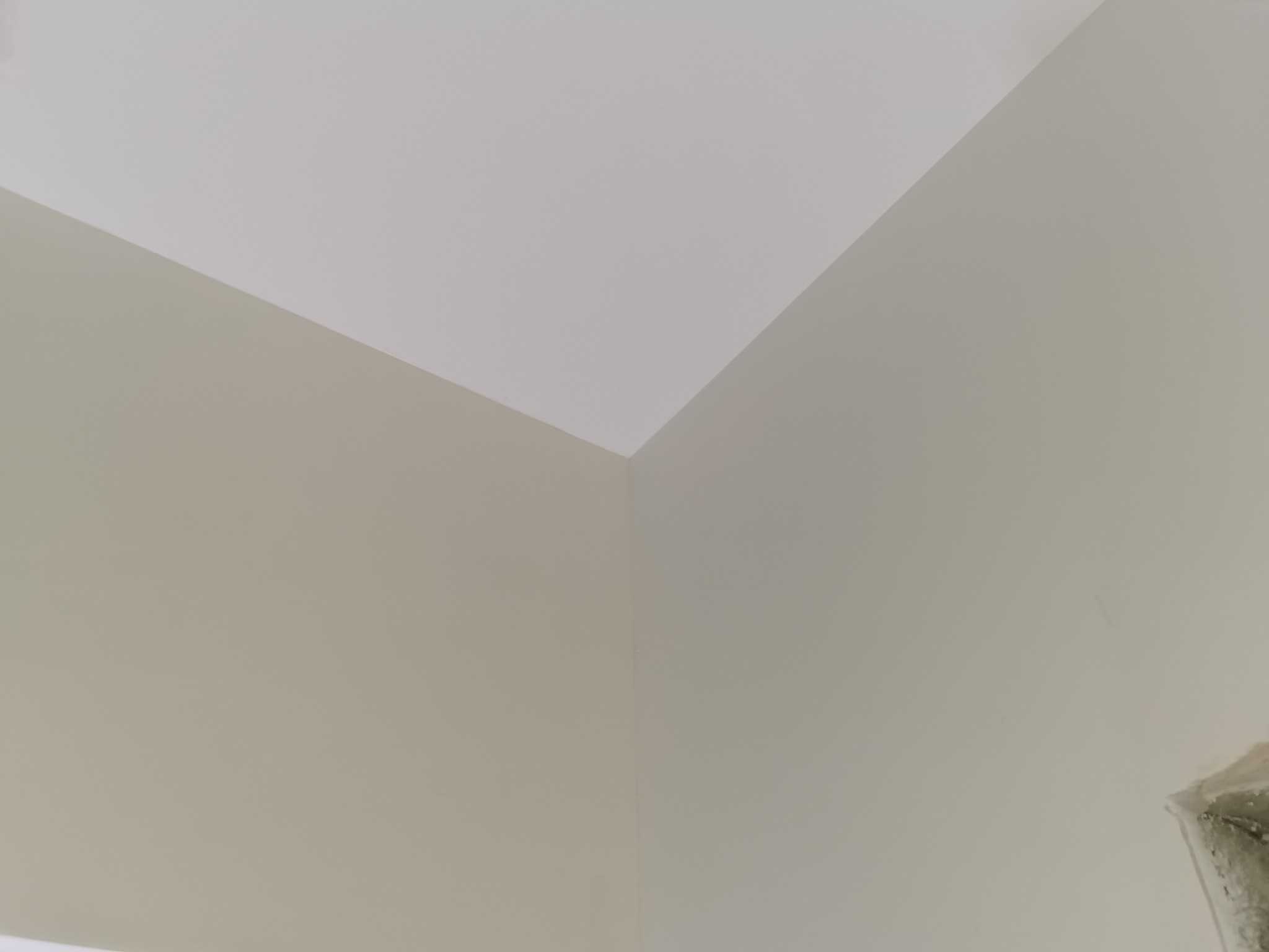 Pomieszczenie po malowaniu: gładkie ściany w odcieniach beżu i biały sufit tworzą minimalistyczne wnętrze. W prawym dolnym rogu widoczne zabezpieczenie folią.