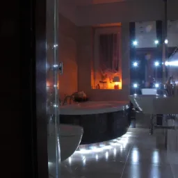 Nowoczesna łazienka z okrągłą wanną obłożoną ciemną mozaiką, podświetleniem LED pod wanną i umywalką na metalowym stelażu, widok zza częściowo otwartych drzwi kabiny prysznicowej.