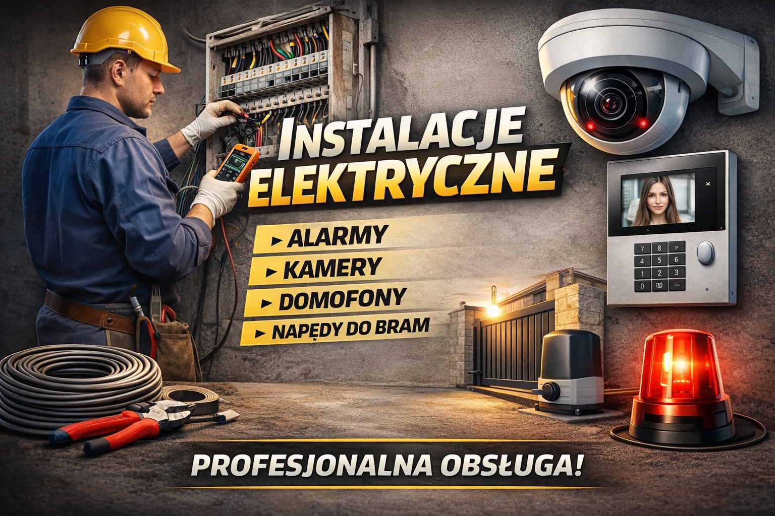 Elektryk w kasku diagnozuje instalację w rozdzielnicy, obok kamery, domofon, automat do bramy. Napis: Instalacje elektryczne, alarmy, kamery, domofony, napędy do bram.