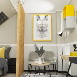 Pokój na poddaszu z łóżkiem, biurkiem i miejscem do siedzenia, akcenty w kolorze żółtym, obraz kota w okularach na ścianie.