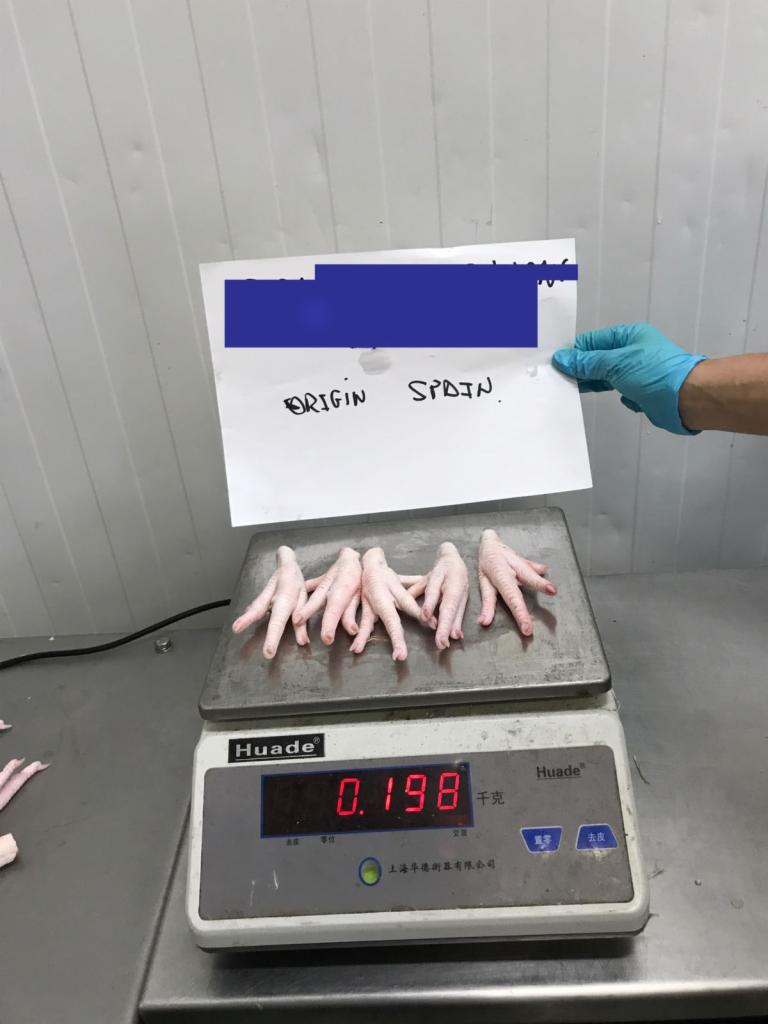 Surowe kurze łapki na wadze elektronicznej, wskazanie 0.198 kg, informacja o pochodzeniu z Hiszpanii na kartce trzymanej w rękawicy.