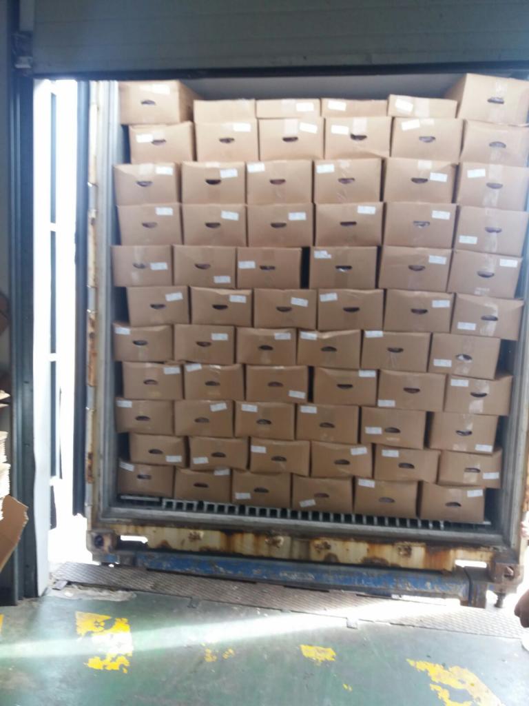 Wnętrze kontenera wypełnione kartonami z otworami wentylacyjnymi, ułożonymi warstwami od podłogi do sufitu; widoczne elementy konstrukcyjne kontenera.