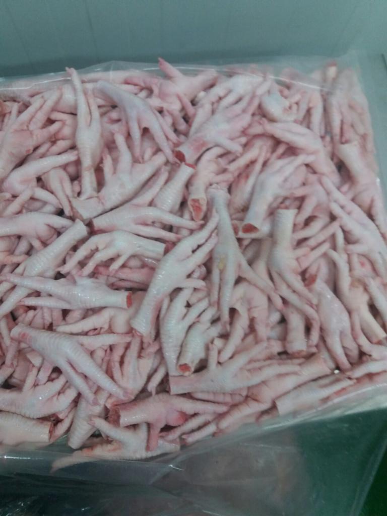 Duża ilość surowych kurzych łapek w przezroczystym worku, widoczne różowe zabarwienie skóry i ścięte końcówki.