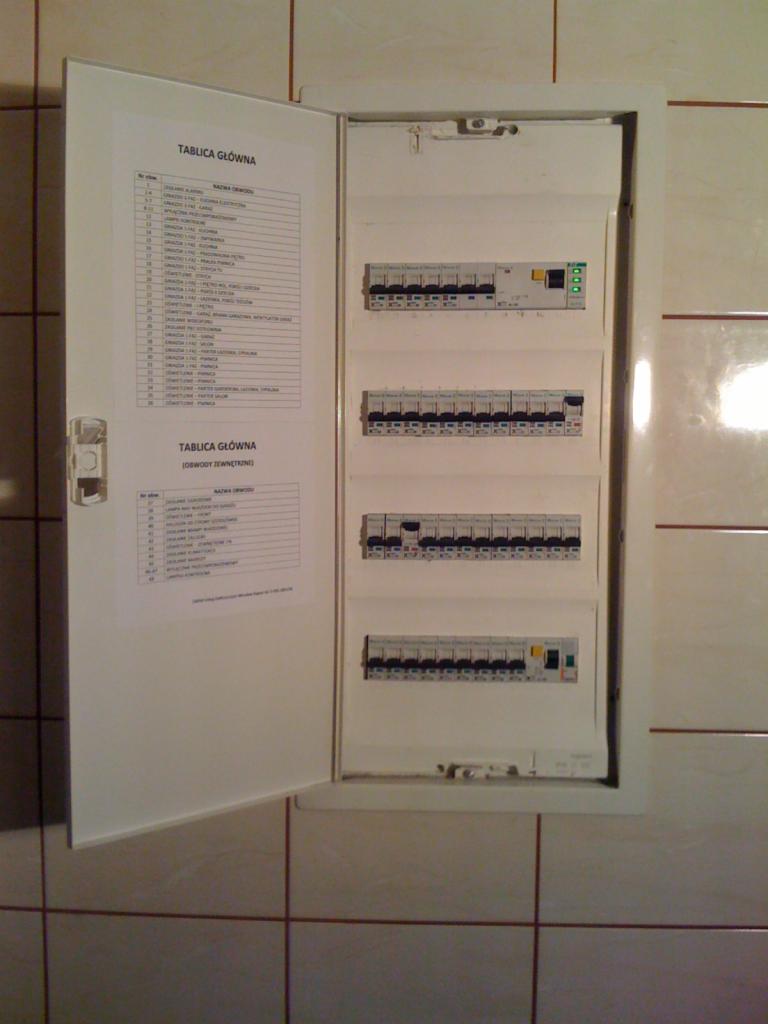 Otwarta skrzynka rozdzielcza z listwą zaciskową i naklejoną listą obwodów na tle kafelków.