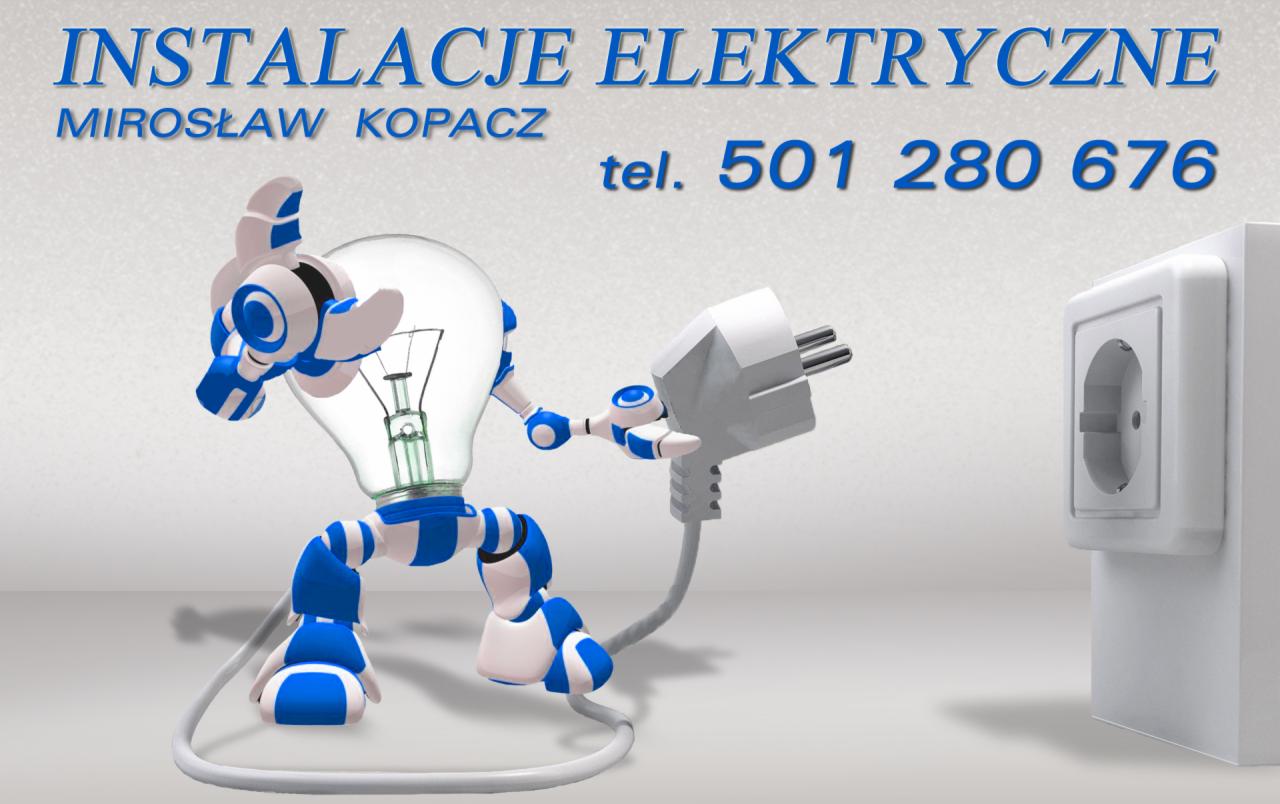 Grafika reklamowa: Robot w kształcie żarówki trzyma wtyczkę zbliżającą się do gniazdka, nad napisem 'Instalacje Elektryczne Mirosław Kopacz, tel. 501 280 676'.