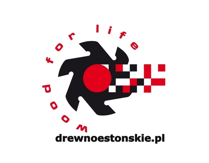 Logo firmy drewnoestonskie.pl przedstawiające czarną piłę tarczową z czerwonym okręgiem w środku i pikselowym ogonem, otoczoną czerwonym napisem 'wood for life'.