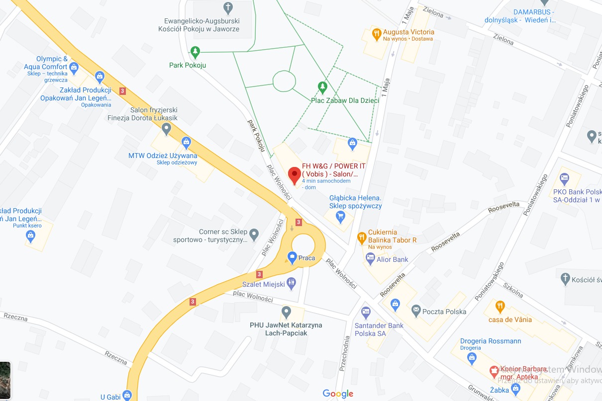 Mapa Jaworzna z zaznaczoną lokalizacją firmy FH W&G / POWER IT (Vobis), punkt orientacyjny na Placu Wolności.