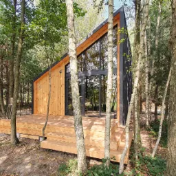 Nowoczesny, drewniany domek letniskowy z aluminiowymi oknami i drzwiami przesuwnymi, otoczony brzozowym lasem, z widocznym drewnianym tarasem i schodami.