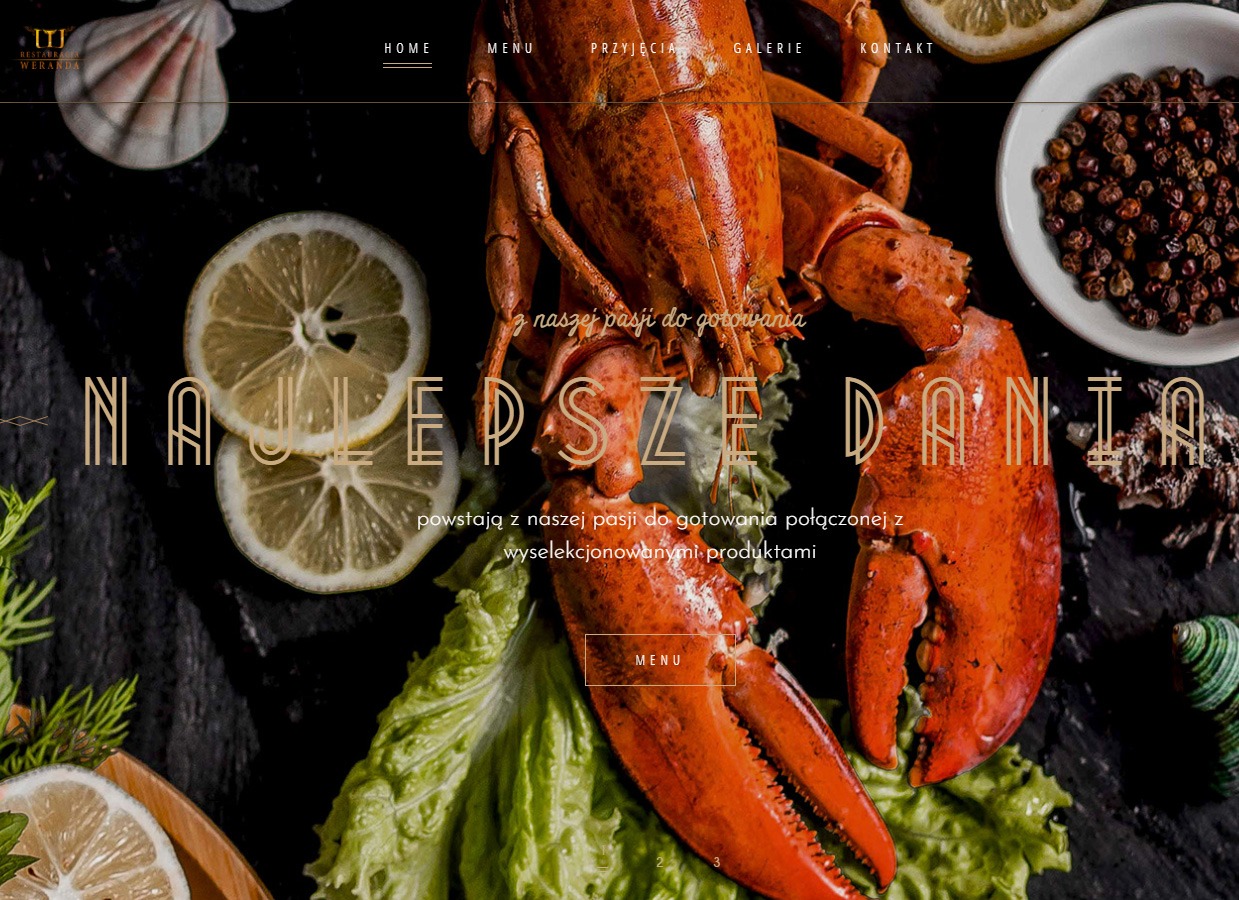 Strona internetowa restauracji Weranda z homarem, cytryną i ziarnami pieprzu na ciemnym tle.