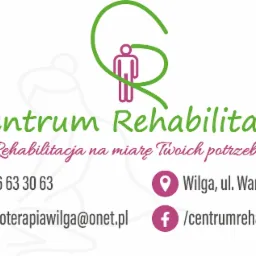 Wizytówka Centrum Rehabilitacji z zielonym logo przedstawiającym stylizowaną postać ludzką i adres Wilga, ul. Warszawska 44 oraz numer telefonu 736 63 30 63 i adres email fizjoterapiawilga@onet.pl...