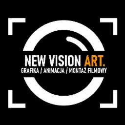 Logo firmy New Vision Art. z białym okręgiem i czterema białymi narożnikami na czarnym tle, oferującej grafikę, animację i montaż filmowy.