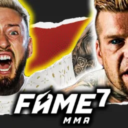 Promocyjna grafika wydarzenia FAME 7 MMA z wizerunkami dwóch zawodników, jeden z otwartymi ustami i tatuażami na szyi, drugi z metalowymi nakładkami na zębach i intensywnym spojrzeniem.