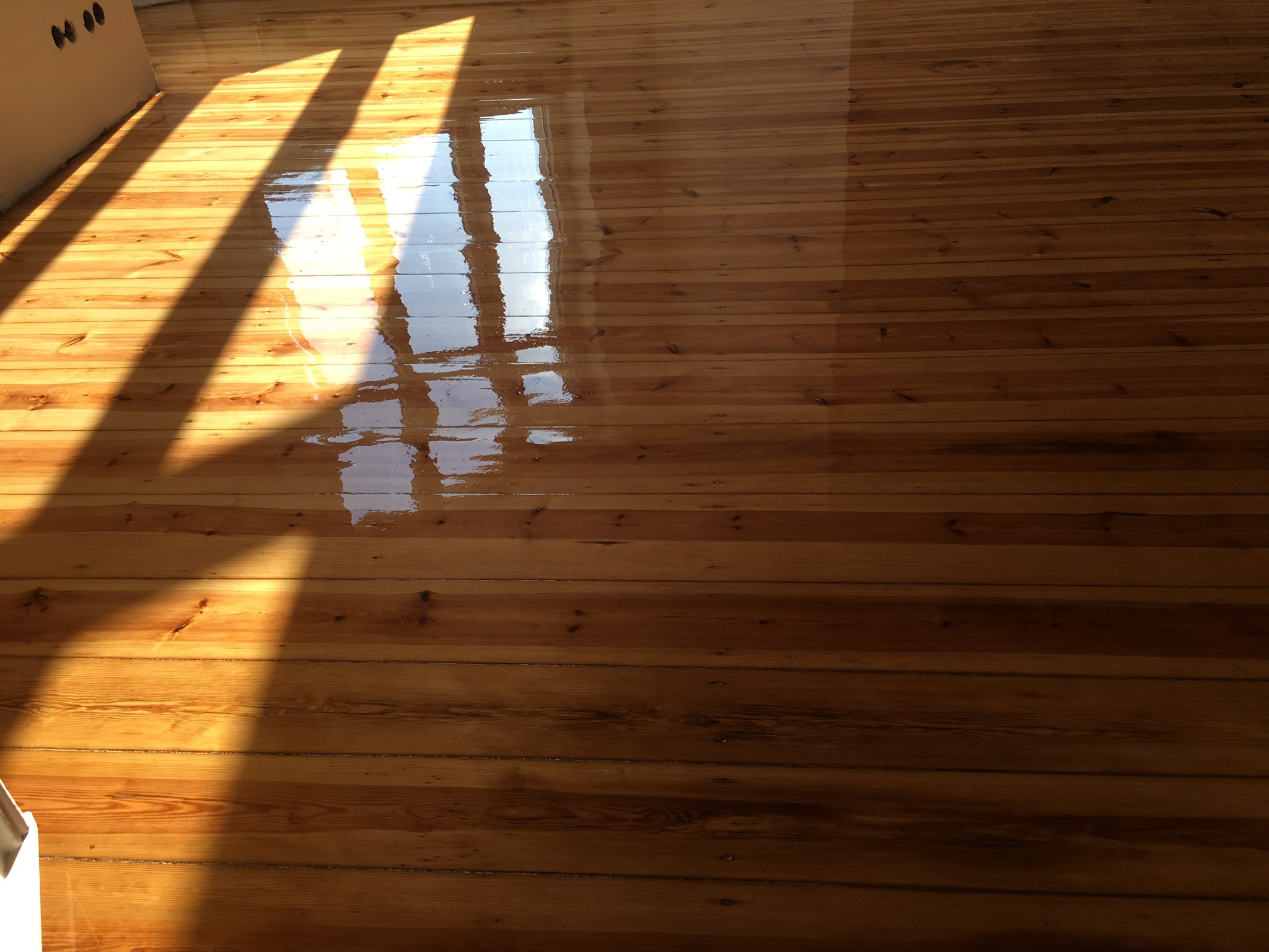 Lakierowany parkiet z widocznym odbiciem okna i promieniami słonecznymi w Choszcznie, świeżo po nałożeniu warstwy lakieru.