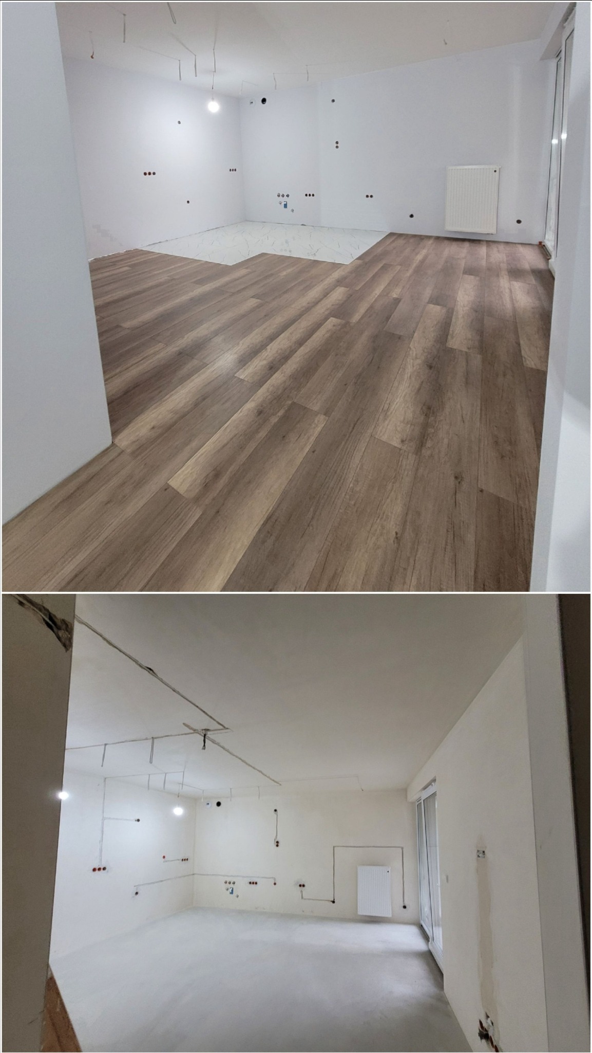 Pokój w trakcie układania paneli podłogowych, widoczna część z ułożonymi panelami imitującymi drewno oraz fragment podłogi przygotowanej pod panele, ściany świeżo pomalowane na biało, widoczne...