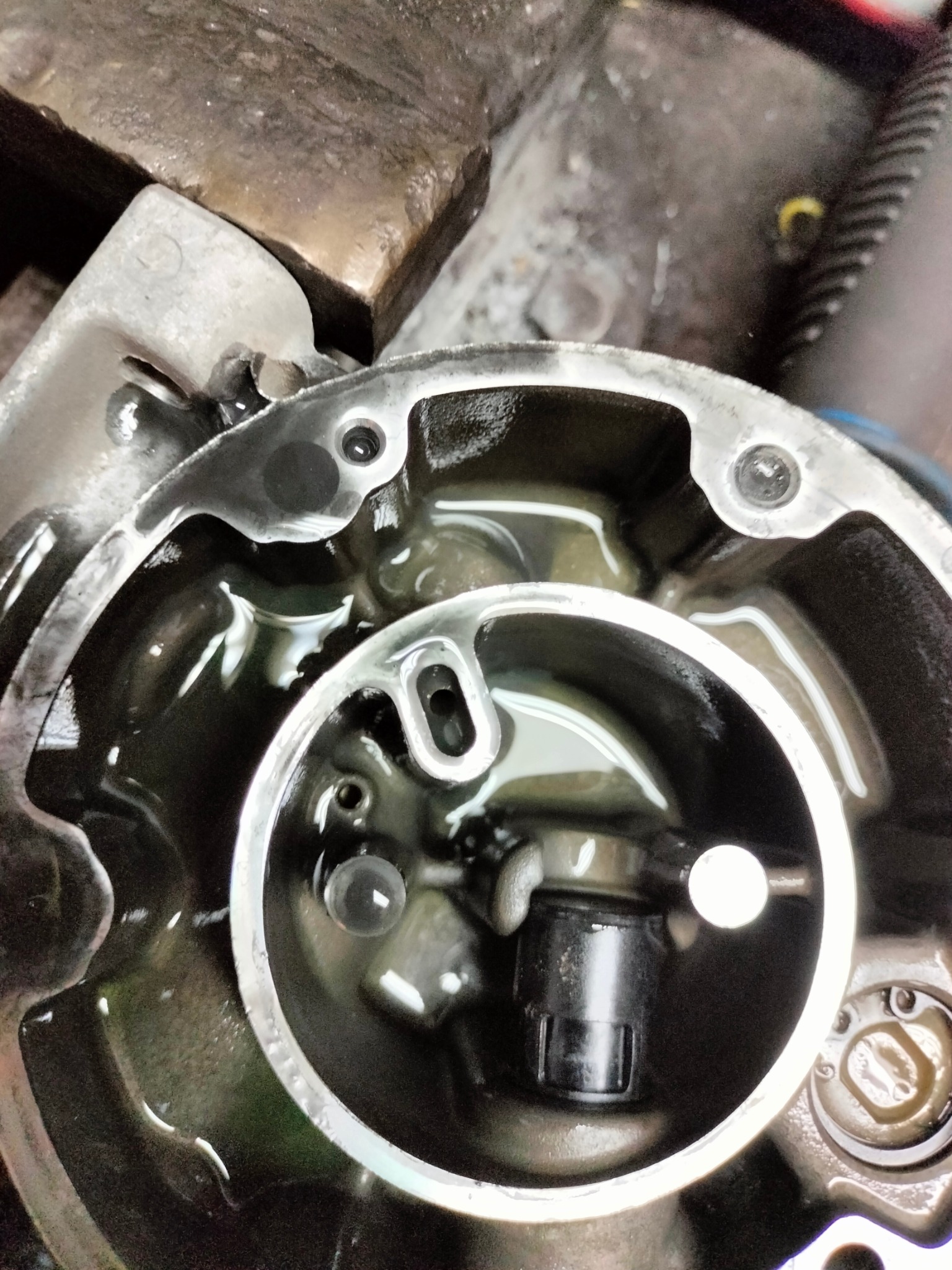 Wnętrze obudowy mechanizmu z widocznymi elementami i olejem, prawdopodobnie podczas naprawy lub konserwacji, z bliska.