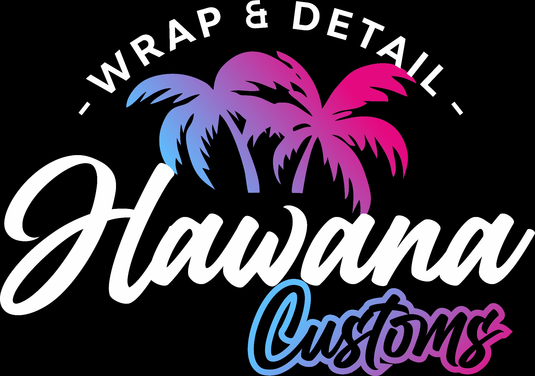 Logo firmy Hawana Customs Wrap & Detail z gradientowymi palmami na czarnym tle.