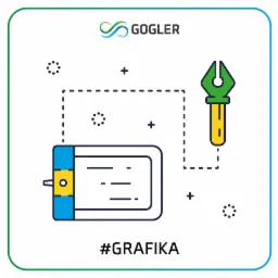 Ilustracja przedstawiająca tablet graficzny, pióro i logo firmy Goggler na białym tle z hashtagiem #GRAFIKA.