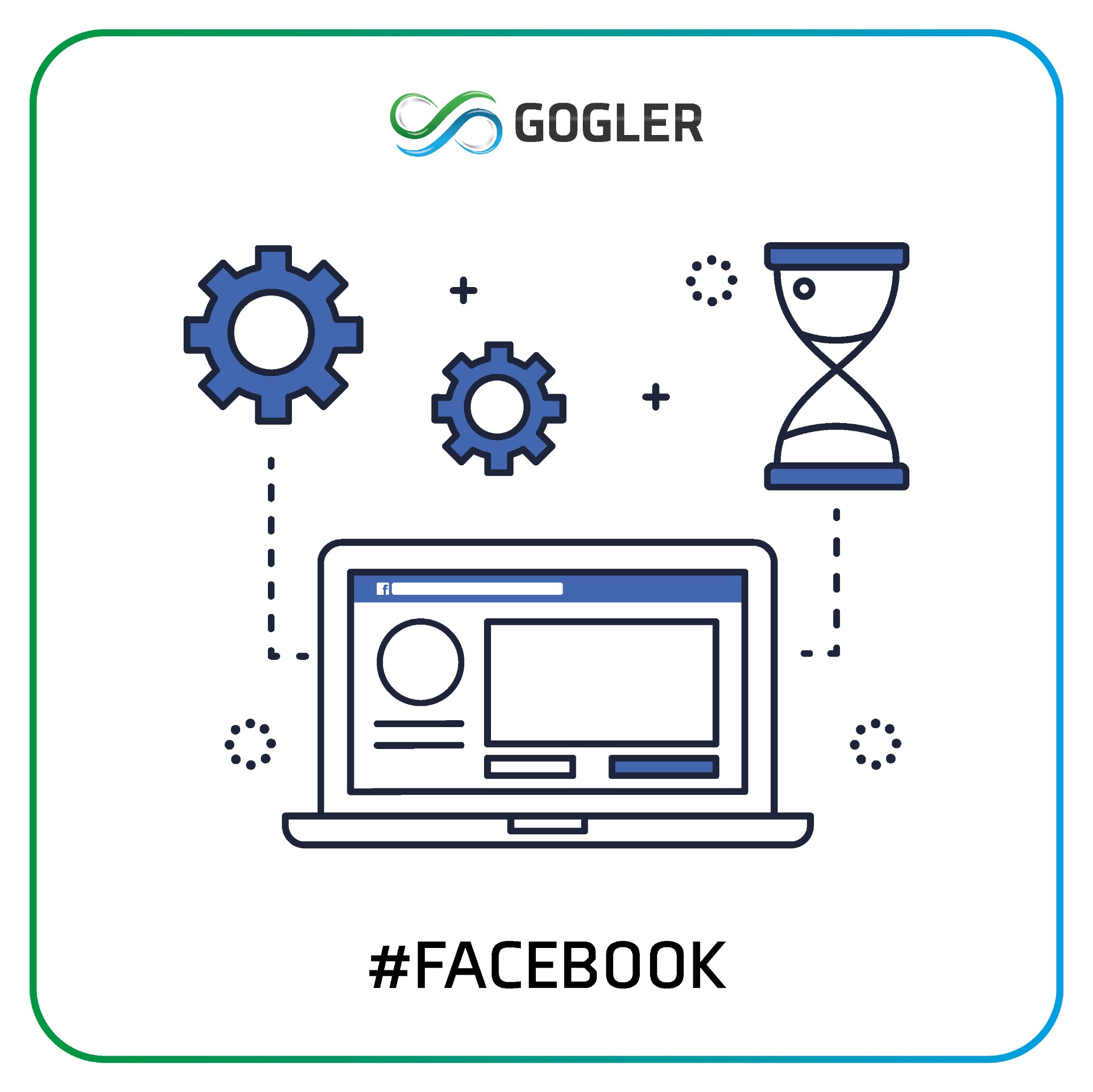 Graficzna ilustracja prezentująca proces optymalizacji działań na Facebooku, z elementami takimi jak koła zębate symbolizujące ustawienia, klepsydra oznaczająca czas, oraz laptop z interfejsem...