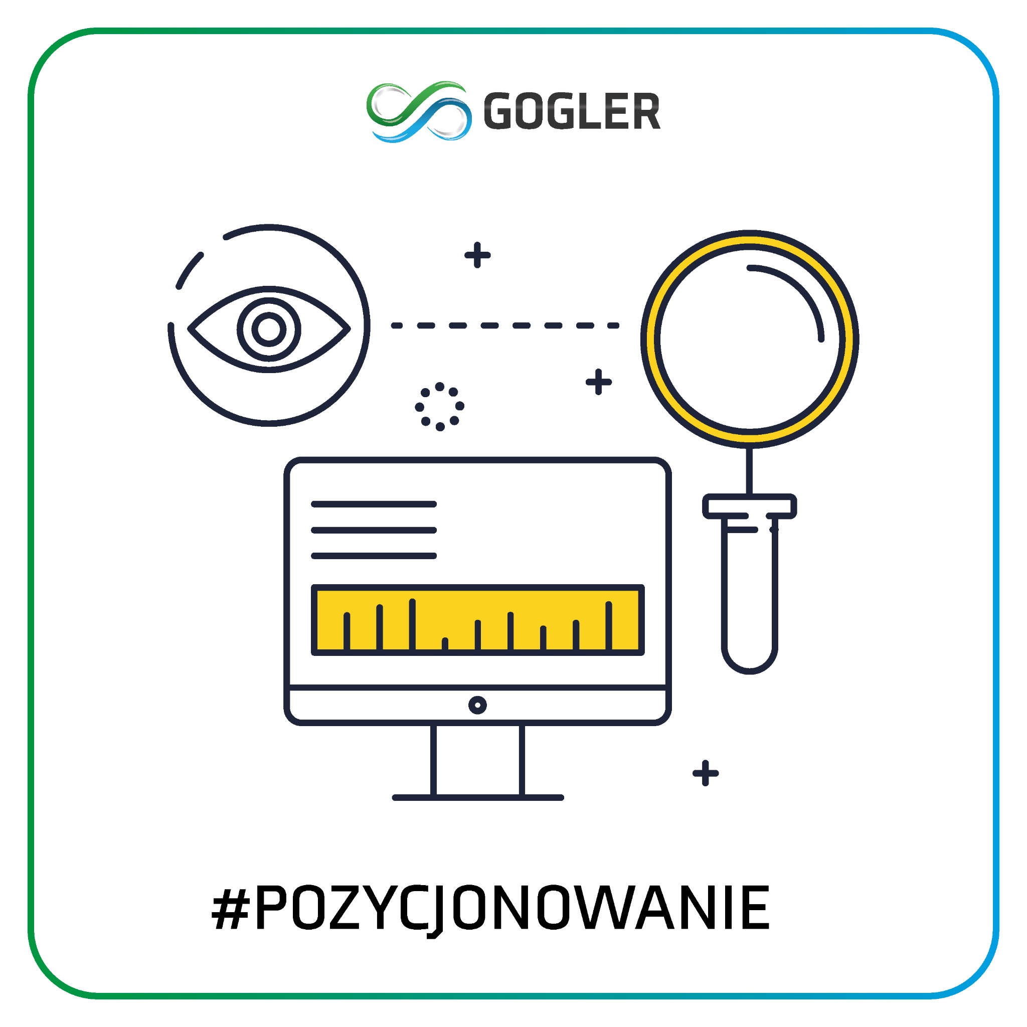 Ilustracja wektorowa przedstawiająca monitor z linijką na ekranie, oko i lupę, otoczone plusami i kropkami, z hashtagiem '#POZYCJONOWANIE' na dole i logo 'GOGLER' u góry, wszystko w ramce...