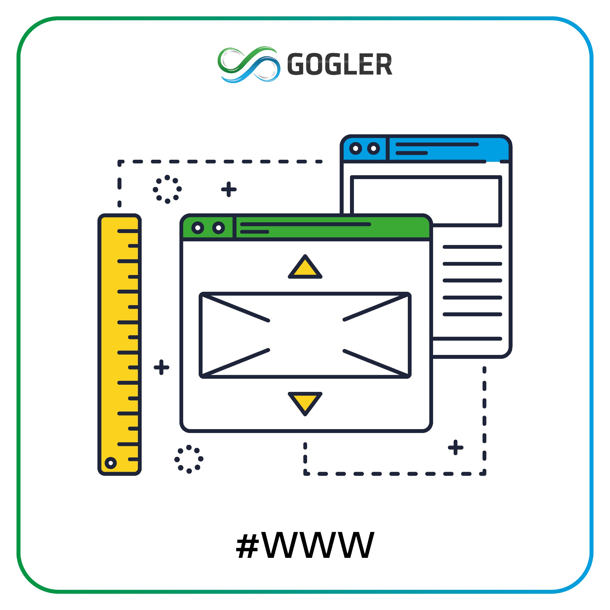 Ilustracja koncepcji tworzenia stron internetowych w Porosły-Kolonia, z graficznym przedstawieniem okien przeglądarki, linijki i hashtagiem #WWW.