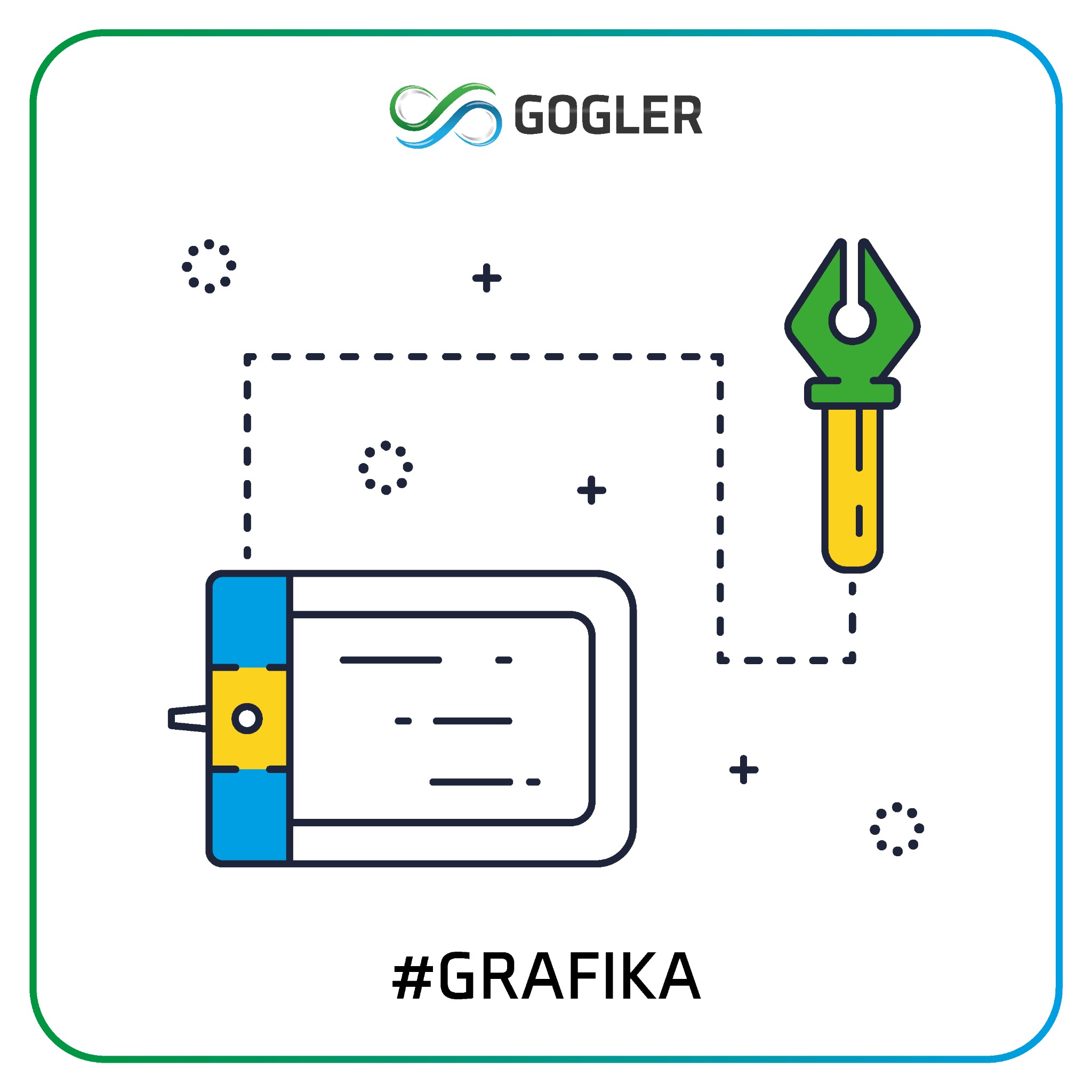 Ilustracja przedstawiająca tablet graficzny, pióro i logo firmy Goggler na białym tle z hashtagiem #GRAFIKA.