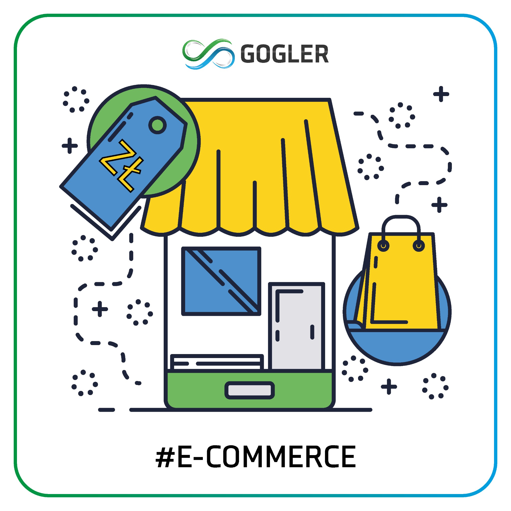 Ilustracja sklepu internetowego z ceną w złotówkach i torbą na zakupy, symbolizująca e-commerce, z logiem firmy GOGLER w górnej części.