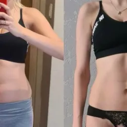 Kolaż przedstawiający metamorfozę sylwetki kobiety, ukazujący zmiany w wyglądzie brzucha przed i po, z widocznym efektem redukcji tkanki tłuszczowej i zarysowania mięśni.