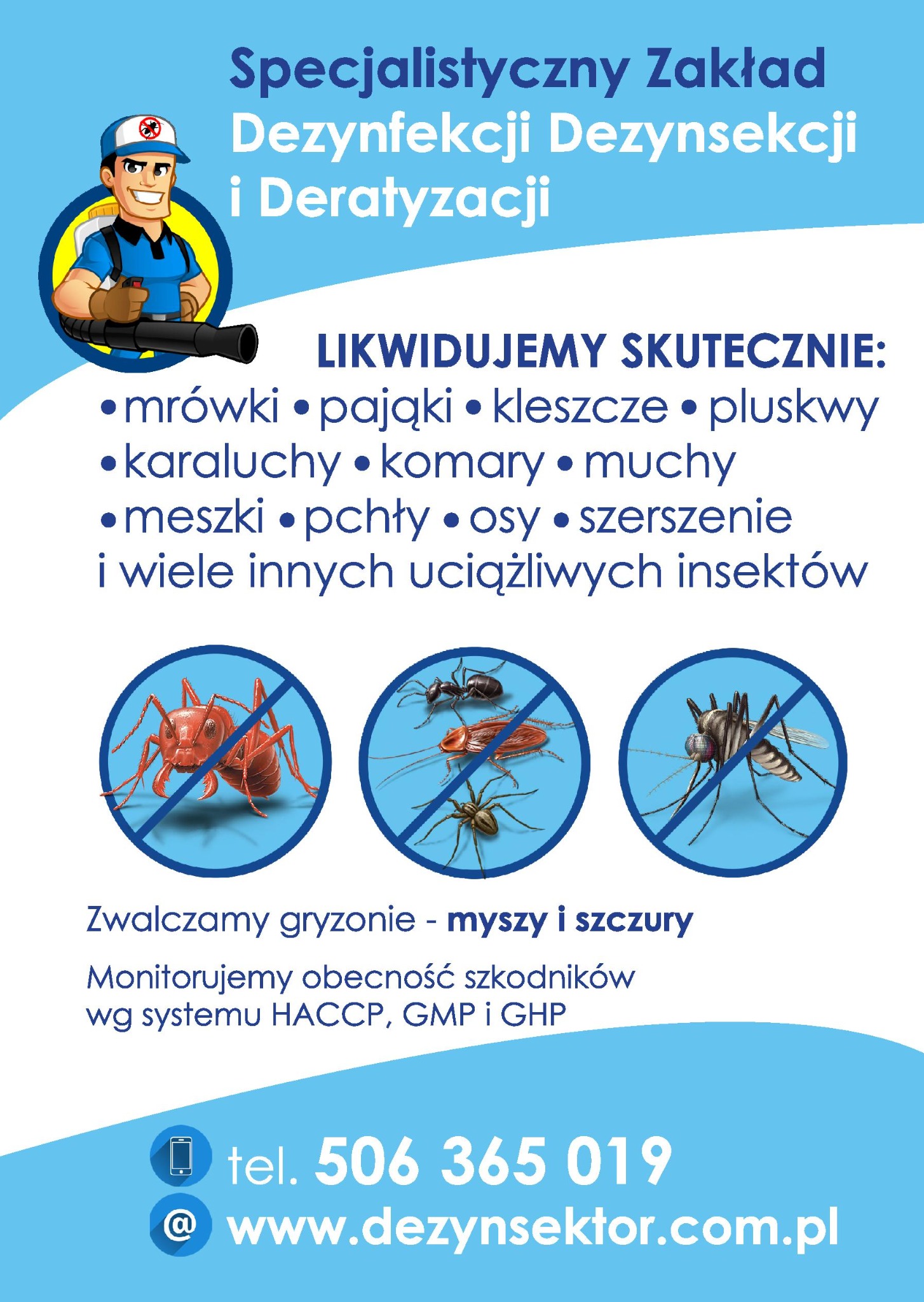 Grafika reklamowa firmy oferującej usługi zwalczania insektów i gryzoni, z ilustracjami przekreślonych szkodników, w tym mrówek, pająków i komarów oraz danymi kontaktowymi.