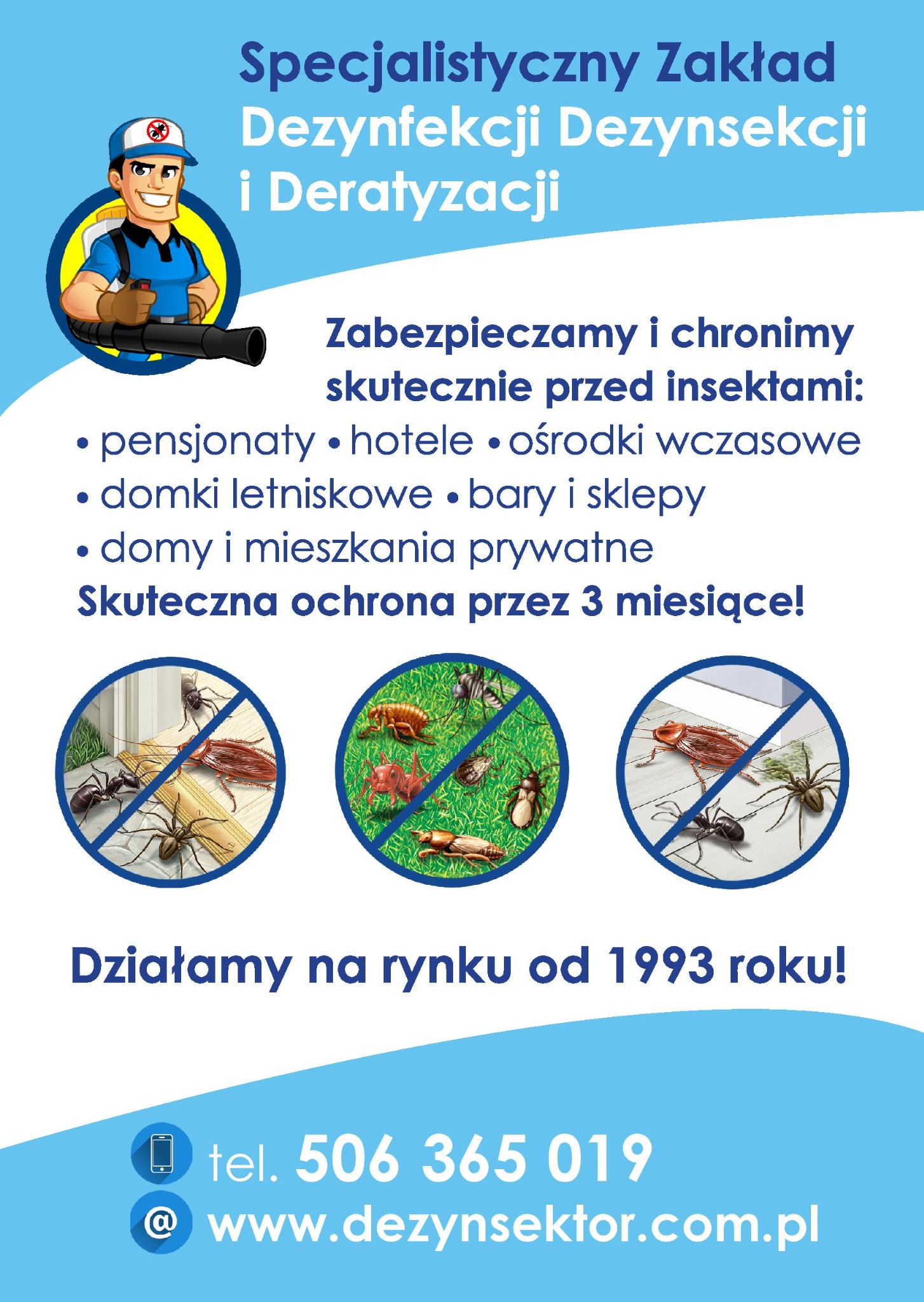 Grafika reklamowa firmy oferującej zabezpieczenia przed insektami, z ilustracjami owadów przekreślonych symbolem zakazu, informacją o ochronie pensjonatów, hoteli, domów i mieszkań, oraz danymi...