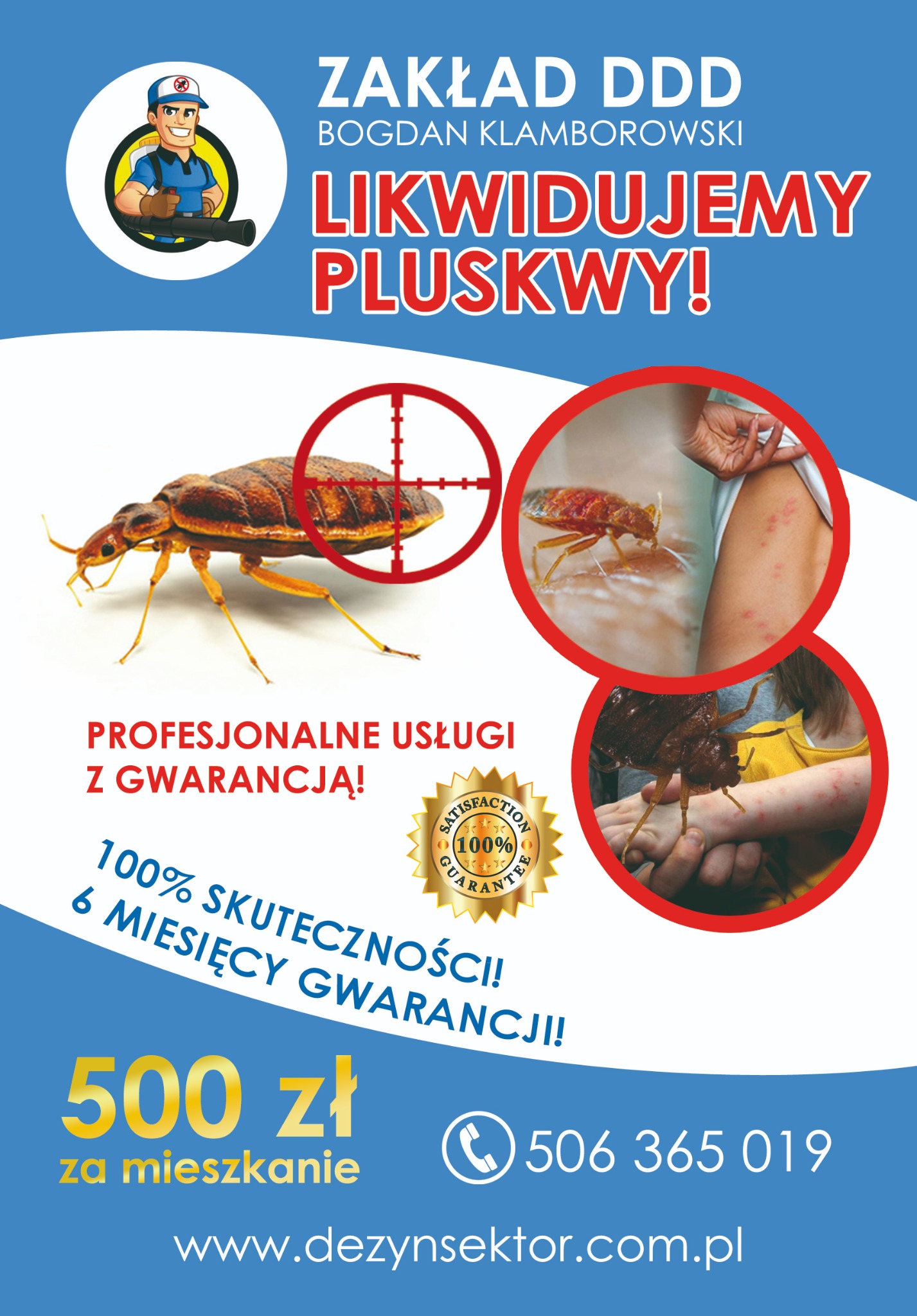 Grafika reklamowa z pluskwą w celowniku, prezentująca usługi likwidacji pluskiew z gwarancją skuteczności, zawiera logo firmy i dane kontaktowe.