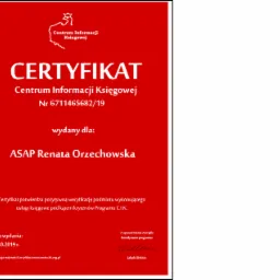 Czerwony certyfikat Centrum Informacji Księgowej numer 6711465682/19, wydany dla ASAP Renata Orzechowska, potwierdzający pozytywną weryfikację podmiotu wykonującego usługi księgowe, z datą wydania...