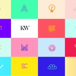 Kompozycja szesnastu minimalistycznych projektów logo na kolorowych tłach: abstrakcyjne kształty, litery i symbole, prezentujące różnorodność stylów i koncepcji.