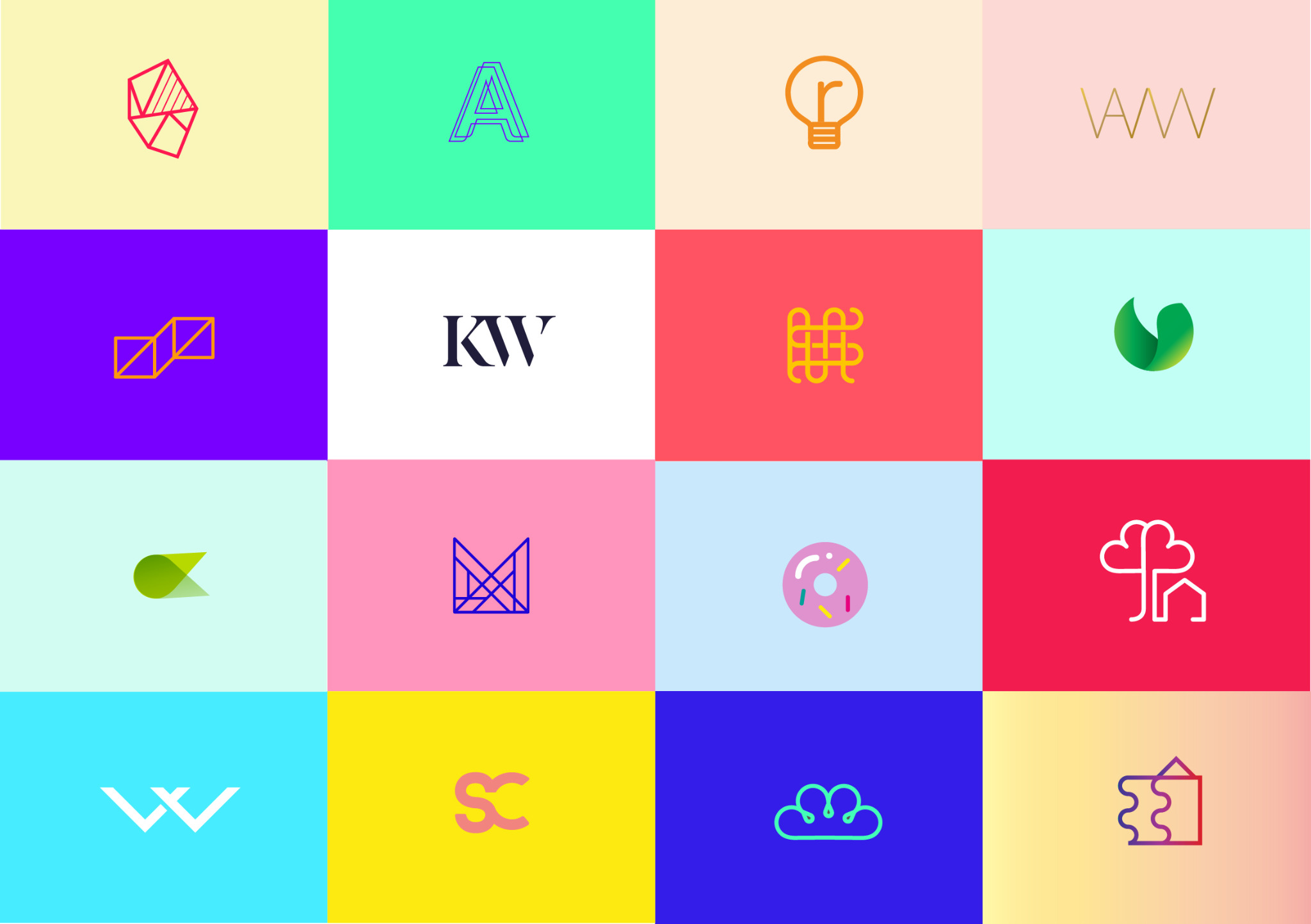 Kompozycja szesnastu minimalistycznych projektów logo na kolorowych tłach: abstrakcyjne kształty, litery i symbole, prezentujące różnorodność stylów i koncepcji.