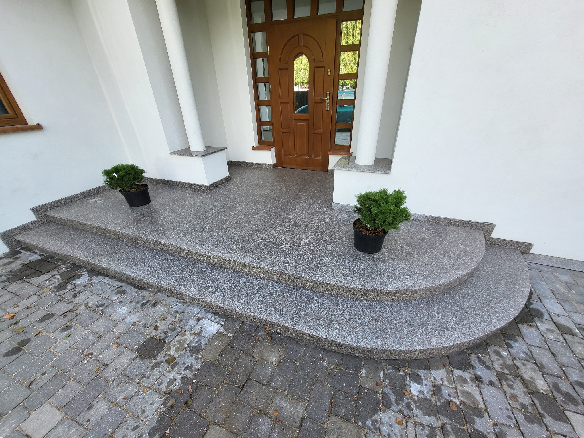 Granitowe schody wejściowe z zaokrąglonymi krawędziami, prowadzące do drewnianych drzwi z przeszkleniami, z dwoma małymi iglakami w doniczkach po bokach, na tle białej elewacji budynku.