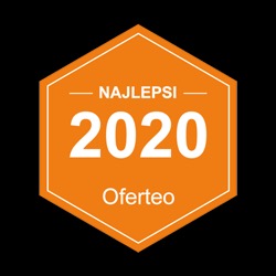 Pomarańczowa odznaka Oferteo 'Najlepsi 2020' na czarnym tle.
