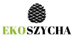 Logo firmy EkoSzycha z motywem szyszki, nazwa w kolorach zielonym i czarnym, na białym tle.