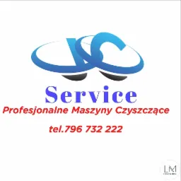 Logo firmy serwisującej profesjonalne maszyny czyszczące, z niebieskim graficznym symbolem i czerwonym napisem prezentującym numer telefonu.