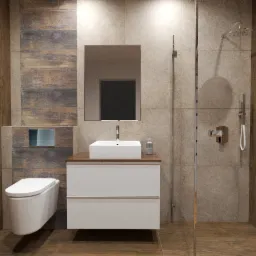 Nowoczesna łazienka z drewnopodobnymi płytkami, białą umywalką nablatową i kabiną prysznicową typu walk-in.