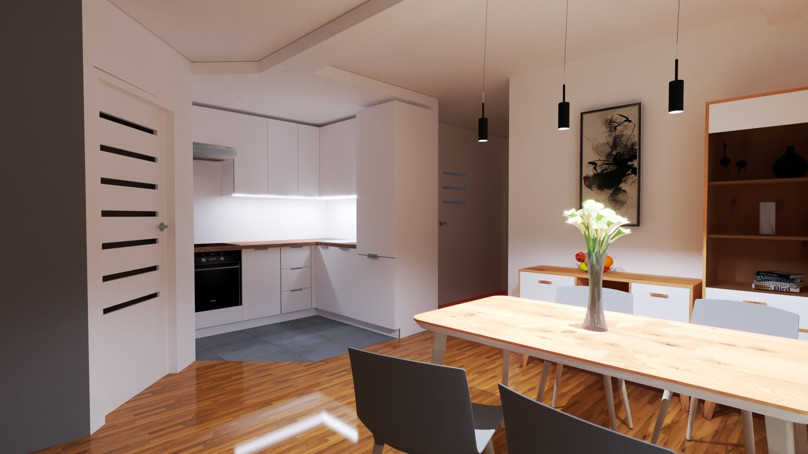 Wizualizacja wnętrza: minimalistyczna kuchnia z białymi szafkami, drewnianym blatem i wyspą, połączona z jadalnią z drewnianym stołem i szarymi krzesłami, oświetlona trzema wiszącymi lampami...