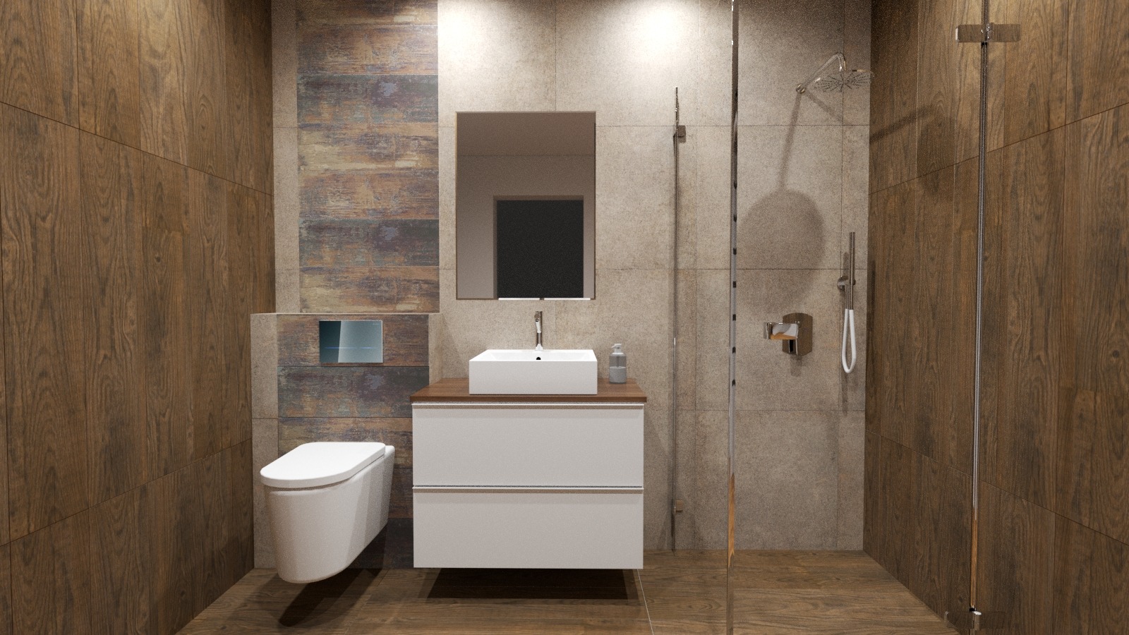 Nowoczesna łazienka z drewnopodobnymi płytkami, białą umywalką nablatową i kabiną prysznicową typu walk-in.