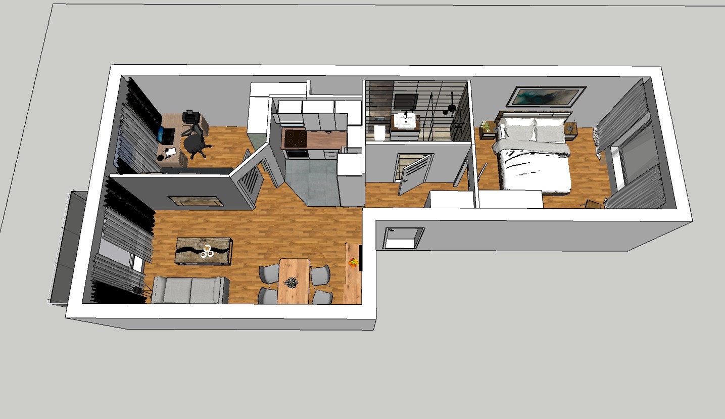 Schemat 3D mieszkania z widokiem z góry, ukazujący salon z szarą sofą i stolikiem kawowym, jadalnię z drewnianym stołem i szarymi krzesłami, kuchnię z białymi szafkami, łazienkę z kabiną...