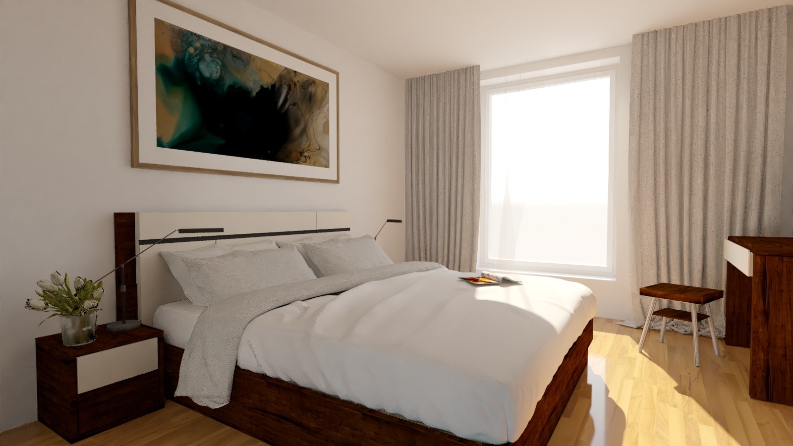 Nowoczesna sypialnia z łóżkiem z ciemnego drewna, białą pościelą i obrazem abstrakcyjnym nad wezgłowiem, stolik nocny z kwiatami i lampką, jasne zasłony w oknie.