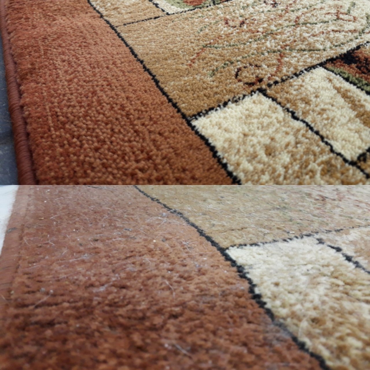 Fragment dywanu z geometrycznym wzorem, widoczna różnica w czystości między górną a dolną częścią, włosie w odcieniach brązu i beżu.