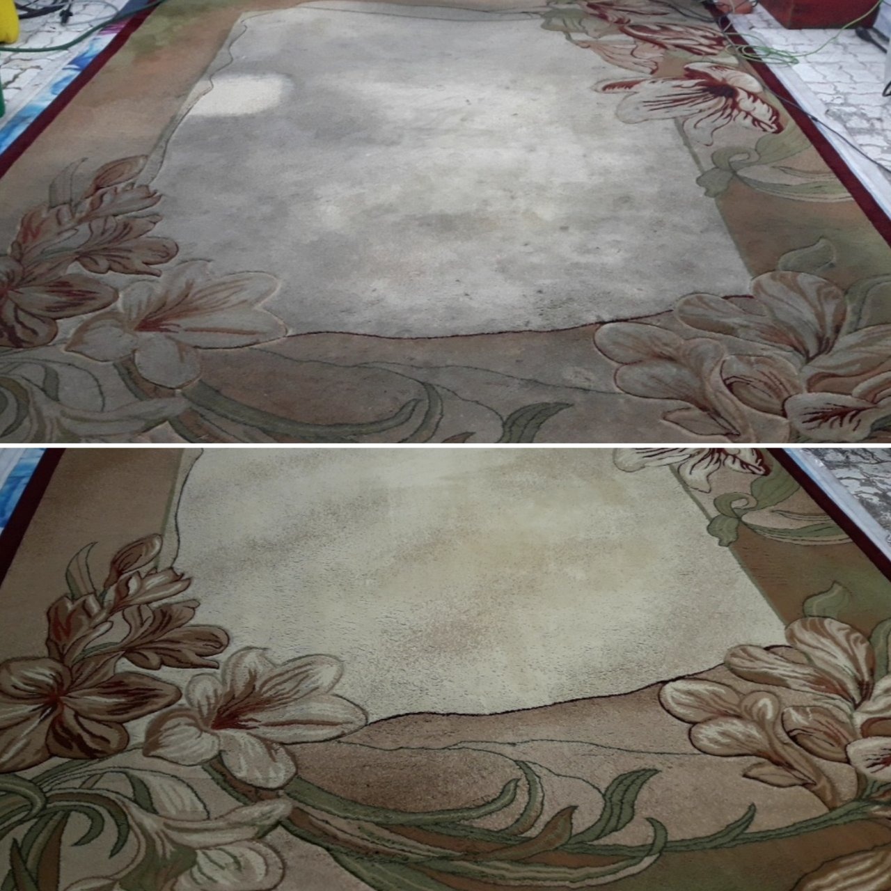 Dywan z motywem kwiatowym, widoczne różnice w czystości przed i po praniu, z zaznaczoną granicą podziału.