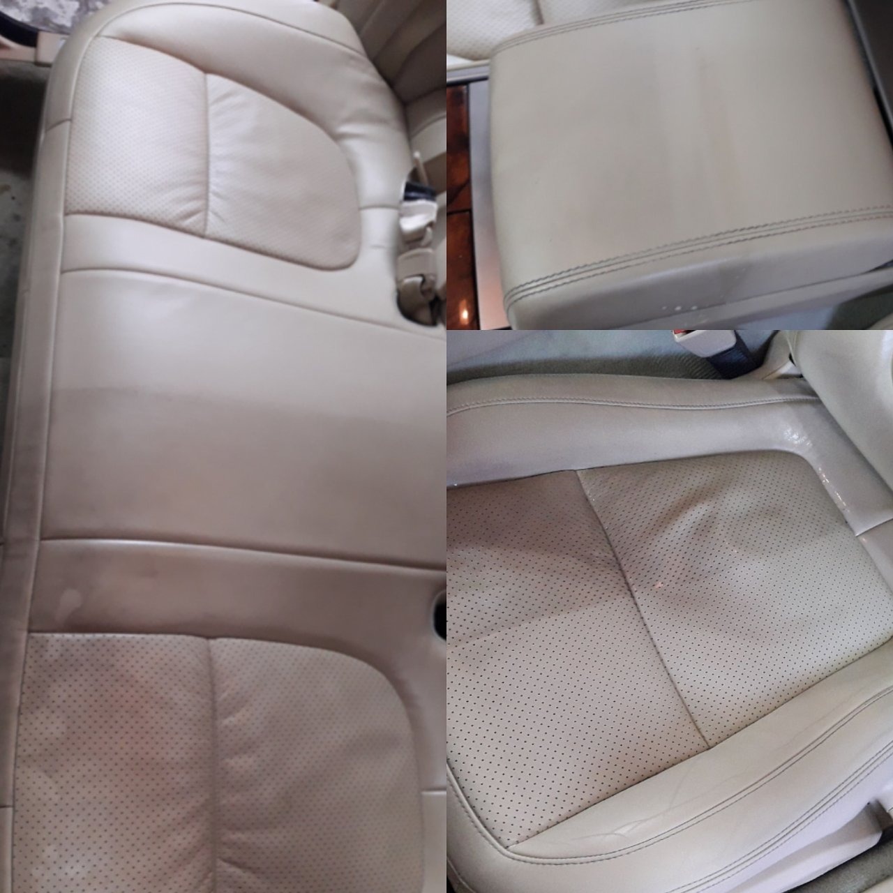 Czyszczone, beżowe, skórzane siedzenia samochodowe z perforacją, widoczne plamy i różnice w odcieniu po czyszczeniu.